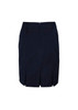 A dark navy pencil skirt featuring a back zip and a pleated design at the hem. It includes a branding logo.