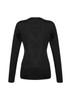 A black women's pullover sweater with long sleeves and a fitted silhouette, featuring a logo on the back.