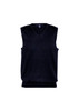 A navy blue men's vest with a V-neck design and no sleeves, featuring a logo on the neckline.