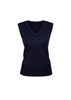 A navy women's vest with a V-neck and sleeveless design, featuring a fitted ribbed hem and a logo.