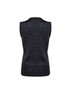A sleeveless dark grey women's vest with a textured design and a back view. Features a branding logo.