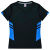 A black women's t-shirt with blue accents and a V-neck design, featuring brand logos.