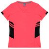 A pink v-neck t-shirt with black side panels and stripes, featuring a logo on the label.