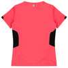 A coral pink women's t-shirt with black side panels and a logo on the back.