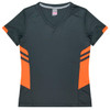 A dark green women's t-shirt with orange side accents and a v-neck design. It features branding on the label.