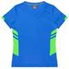 A blue women’s t-shirt featuring green accents and a V-neck design, with logo branding included.