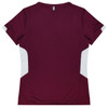 A maroon T-shirt with white side panels and a logo on the back. Short-sleeved design.