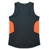 A dark green singlet with orange accents on the sides and a logo on the back.