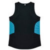 A black singlet with light blue side panels and a logo. The design features a classic sleeveless cut.