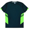 A dark green T-shirt with bright yellow accents and stripes, featuring a logo on the front.