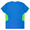 A blue t-shirt featuring green accents on the sides and a brand logo. Suitable for kids.
