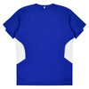 A blue T-shirt with white side panels and a logo on the back, designed for kids.
