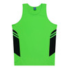 A bright green men's singlet featuring black side panels and a logo on the neckline.