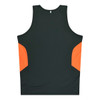 A dark green singlet with orange side panels. The garment has a minimalist design and includes a logo.