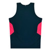 A black singlet with pink side panels, featuring a logo on the back. Suitable for kids.