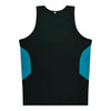 A black singlet with teal side panels and a small logo. Designed for kids' wear.