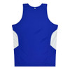 A blue singlet with white side panels, featuring a logo on the back.