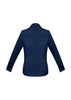 A navy women's button-up shirt featuring long sleeves and a classic collar, with a branded logo.