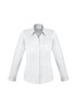 A white women's long sleeve button-up shirt with a collar and a fitted design. It features a logo.
