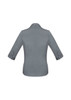 A grey women's button-up shirt with 3/4 sleeves and a collar, featuring a logo on the back.