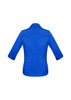 A women's button-up shirt in a bright blue colour with 3/4 sleeves and a collar. Features a logo.