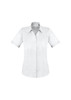 A short-sleeve button-up shirt in white, featuring a collared neckline and a fitted design. It has a logo on the fabric.