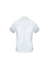 A short sleeve women's button-up shirt in light grey, featuring rolled cuff details and a logo.
