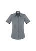 A short sleeve button-up shirt in a grey fabric, featuring a fitted design and a collar. It has a logo displayed.