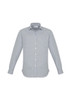 A long sleeve button-up shirt in a grey and white striped pattern, featuring a collar and buttons.
