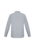 A long-sleeve, button-up shirt in a light grey and white striped pattern, featuring a classic collar and cuffs.