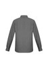A long sleeve button-up shirt featuring a black and white striped pattern, with a collar and button cuffs.