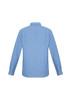 A long sleeve blue and white striped button-up shirt with a collar and cuffs, featuring a brand logo.