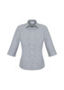A button-up women's shirt in a grey and white gingham pattern with 3/4 sleeves and a collar.