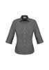 A women's button-up shirt in a black and white check pattern with 3/4 sleeves and a fitted design.