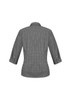A women's 3/4 sleeve button-up shirt in a black and white check pattern, featuring a collar and rolled sleeves.
