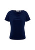 A navy blue women's top with a cowl neckline and short sleeves, featuring a logo.