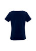 A navy blue women's top with short sleeves and a round neckline. It has a plain design and a branding logo.