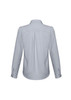 A long-sleeve button-up shirt in light grey with a collar and button details on the sleeves. Features a back pleat and branding.