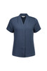 A navy blue short sleeve button-up women's shirt with a v-neck design and a subtle logo.