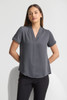 A grey short sleeve button-up shirt with a relaxed fit and a v-neck design, featuring rolled sleeves.