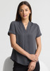 A short sleeve button-up shirt in a dark grey colour, featuring a v-neck design and a subtle logo.