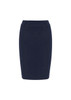 A fitted navy blue skirt with a waistband and subtle design details, featuring a brand logo.