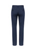 A pair of men's navy chino pants, featuring a slim fit and back pockets, with a brand logo present.