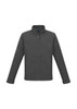 A soft shell jacket in grey with long sleeves and a high collar, featuring zippered pockets and a logo.