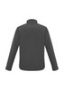 A men's soft shell jacket in dark grey, featuring long sleeves and a collar, with a logo on the back.
