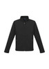 A black soft shell jacket with a zippered front, featuring a collar and long sleeves, with pockets.