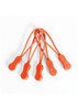 A set of five orange Zippies with attached elastic cords for securing clothing and other items.