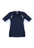 A navy blue short sleeve tee featuring contrasting light blue side panels and a logo on the neckline.