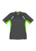 A short sleeve tee in charcoal grey with vibrant lime green accents and reflective detailing, featuring a logo.