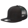 A black snapback trucker cap featuring a solid front panel and mesh back. It has a logo on the front.